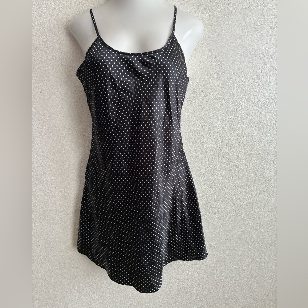 Vintage Y2K Sexy Satin Dotted  Black & White Gown Baby Doll Slit Dress L - Picture 3 of 13